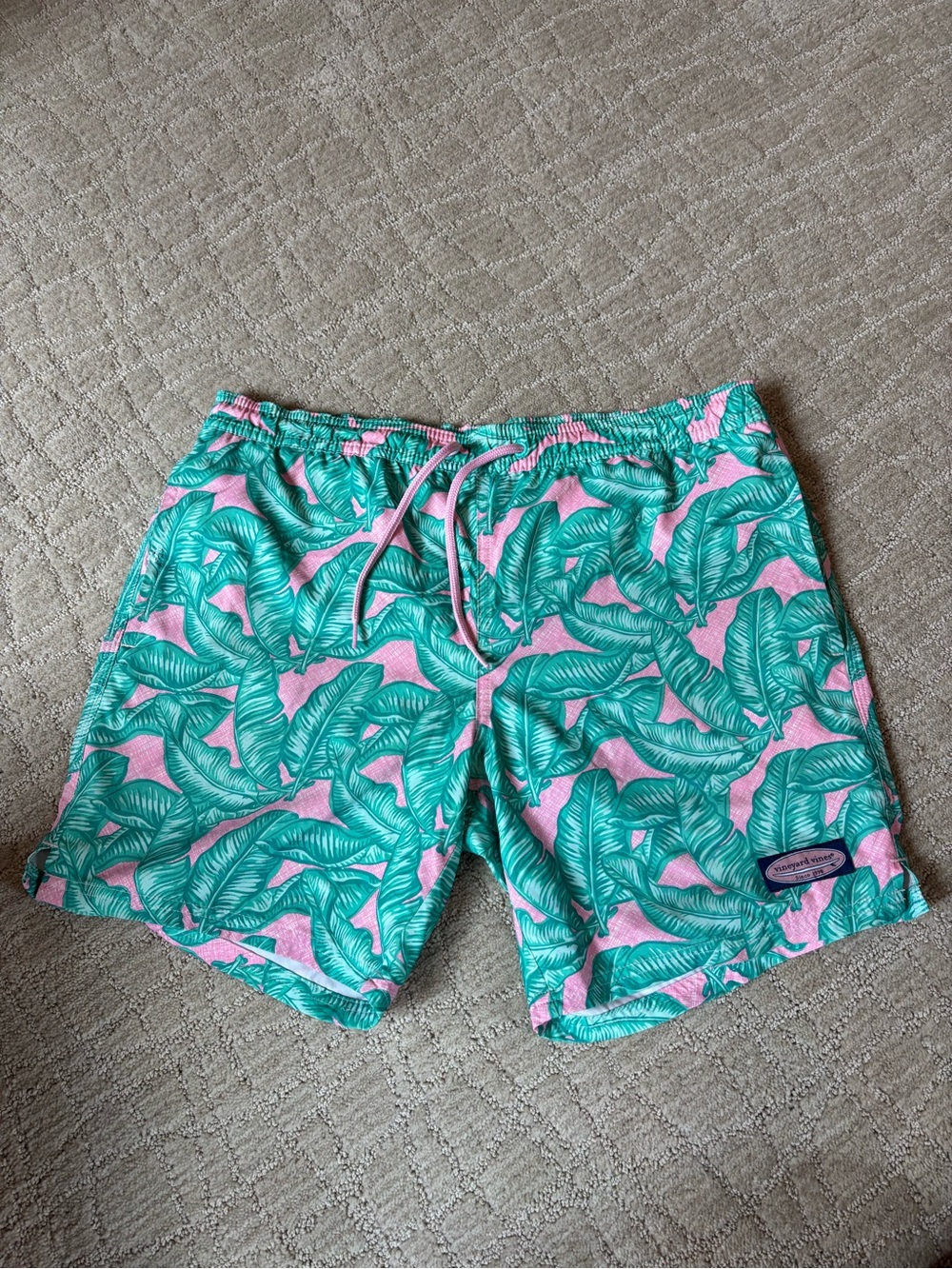 Vineyard Vines Banana Leaf Print Swim Trunks in Teal & Pink